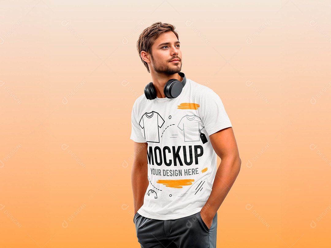 Homem com Camiseta Mockup PSD Editável