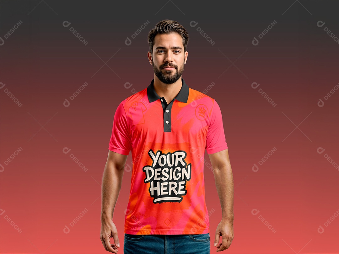 Homem com Camiseta Polo e Calça Jeans Mockup PSD Editável