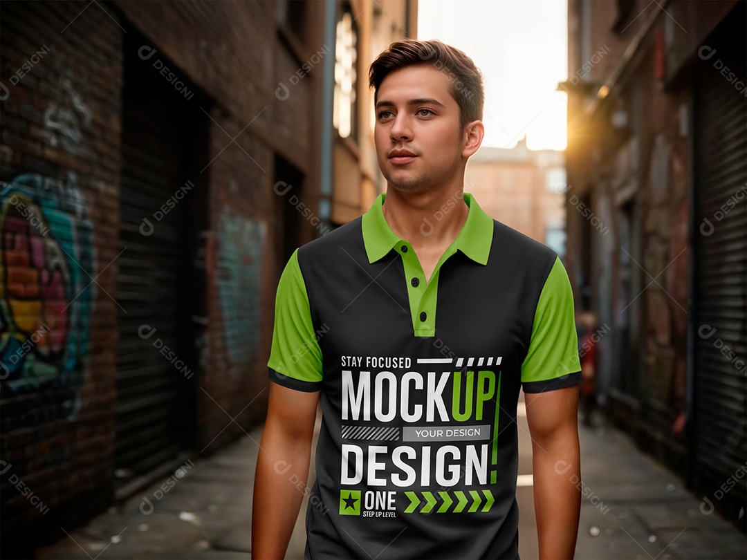 Homem na Rua com Camiseta Mockup PSD Editável