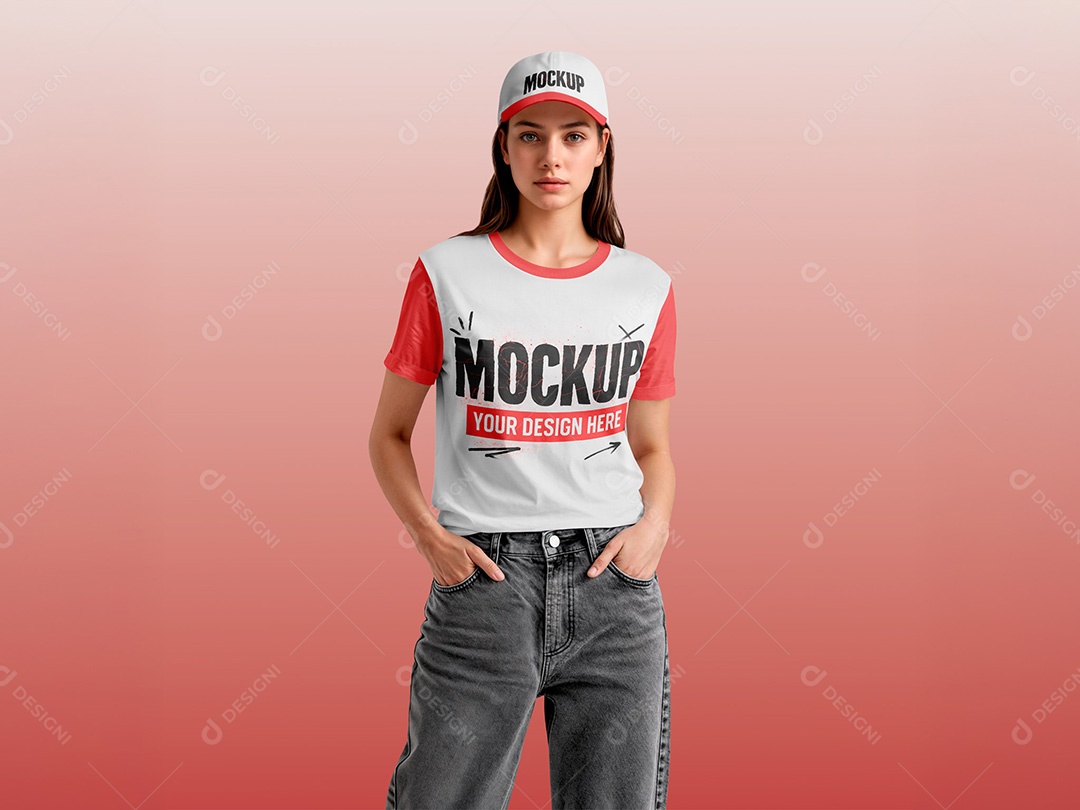 Mulher com Camiseta e Boné Mockup PSD Editável
