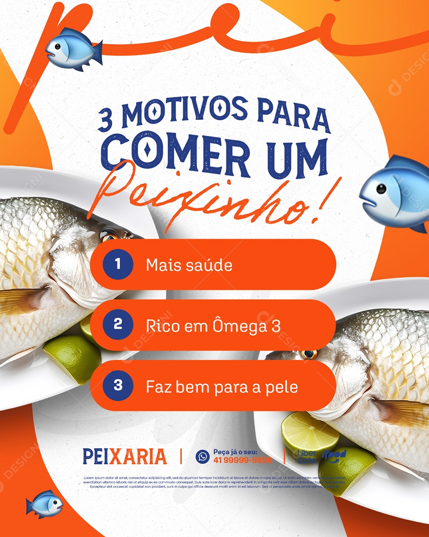 Peixaria Três Motivos para Comer um Peixinho Social Media PSD Editável