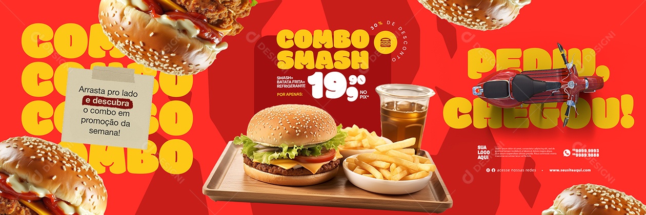 Carrossel Hamburgueria Combo Smash Hambúrguer Batata Frita e Refrigerante Social Media PSD Editável