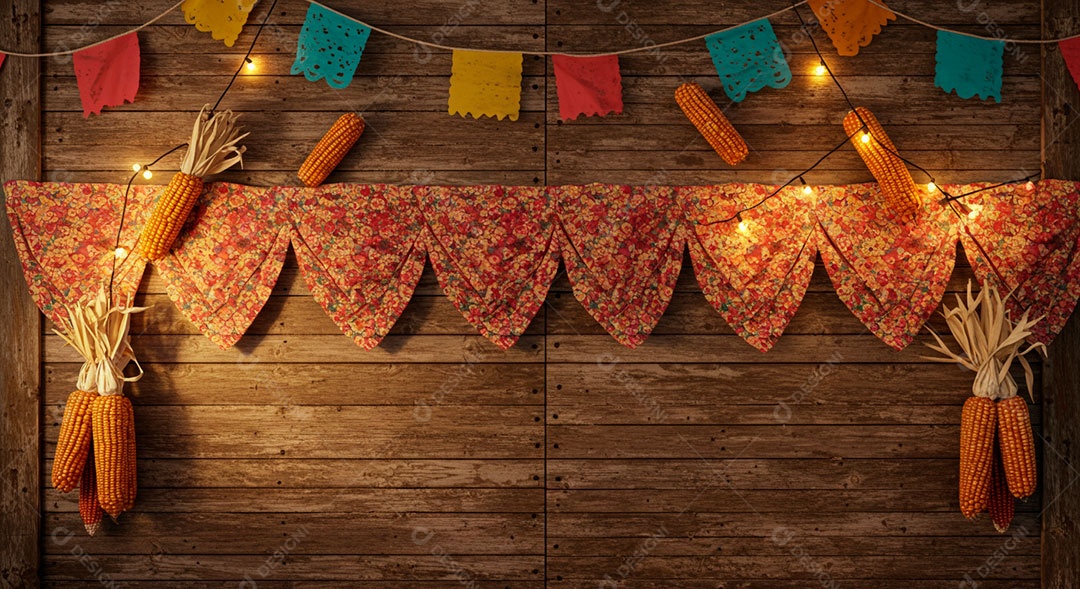 Cenário de São João bandeirinhas em uma parede de madeira