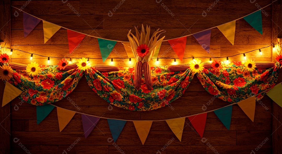 Cenário de São João bandeirinhas em uma parede de madeira