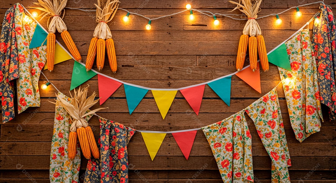 Cenário de São João bandeirinhas em uma parede de madeira