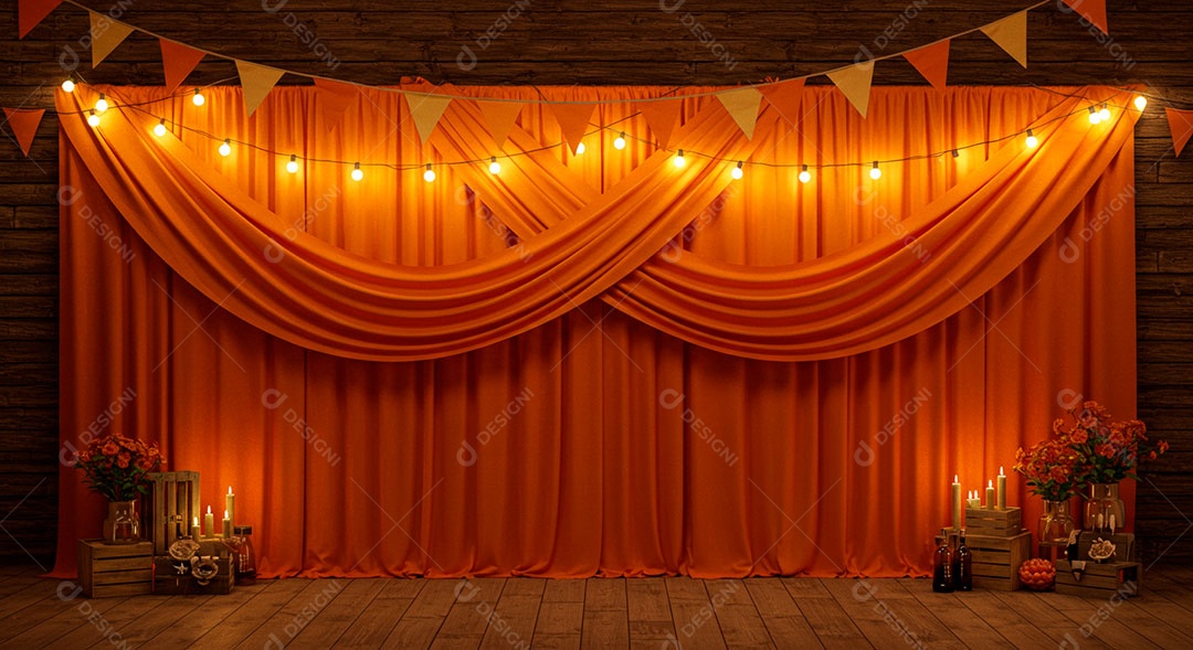 Cenário de São João bandeirinhas em uma parede de madeira