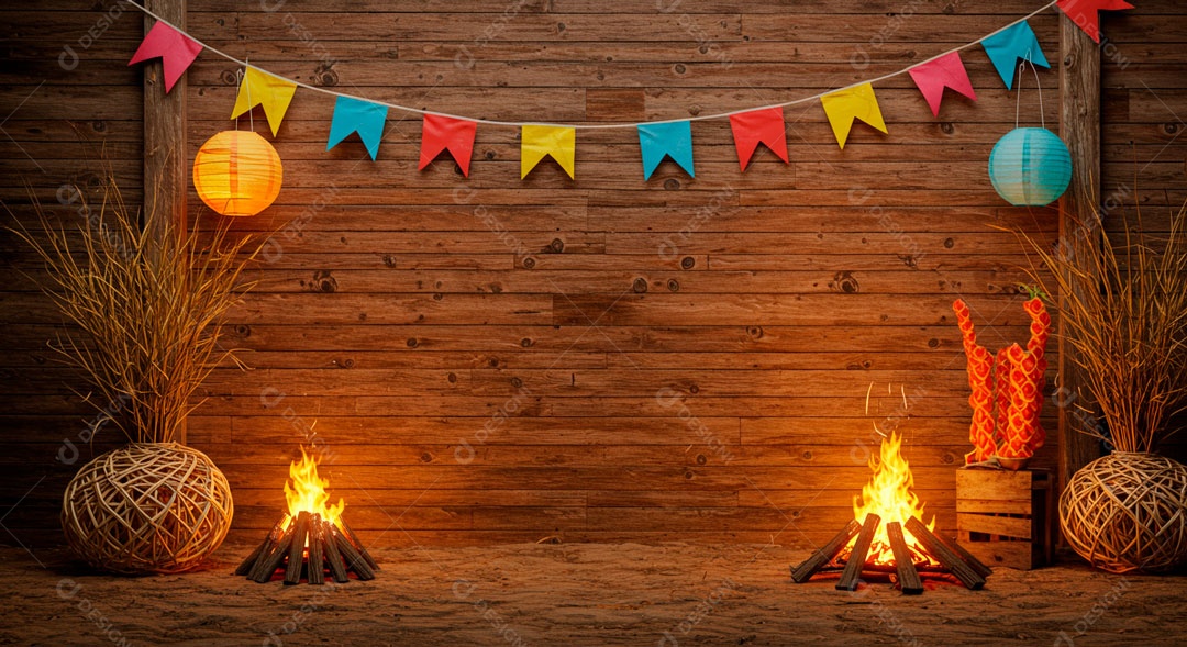 Cenário de São João bandeirinhas em uma parede de madeira