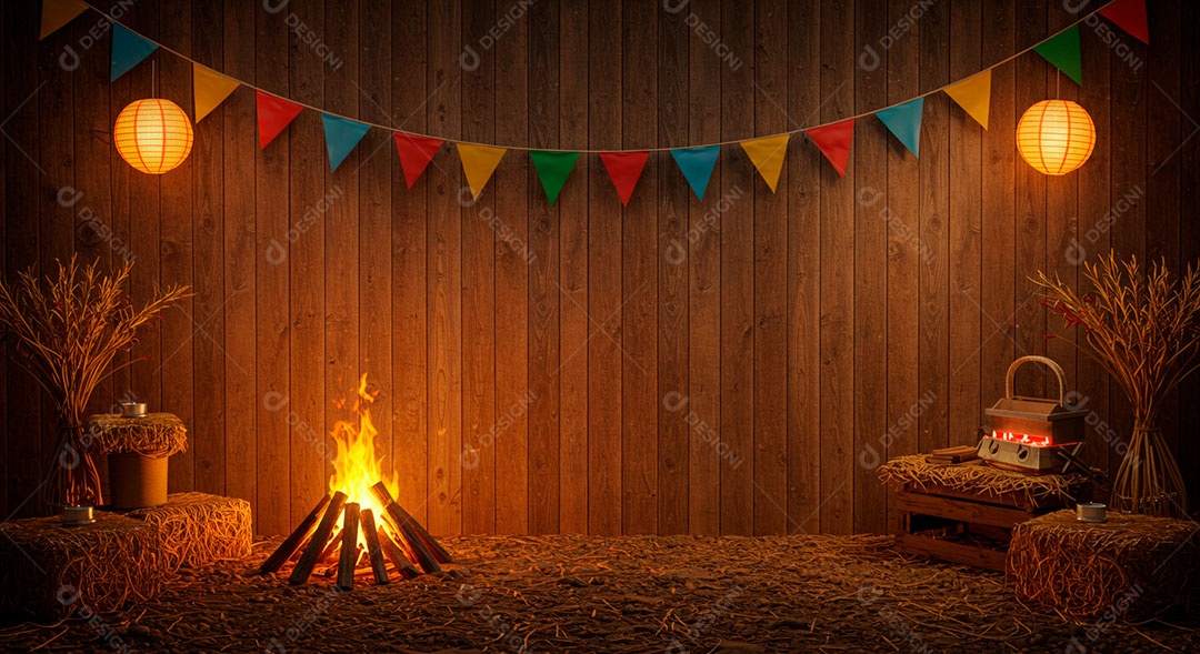Cenário de São João bandeirinhas em uma parede de madeira