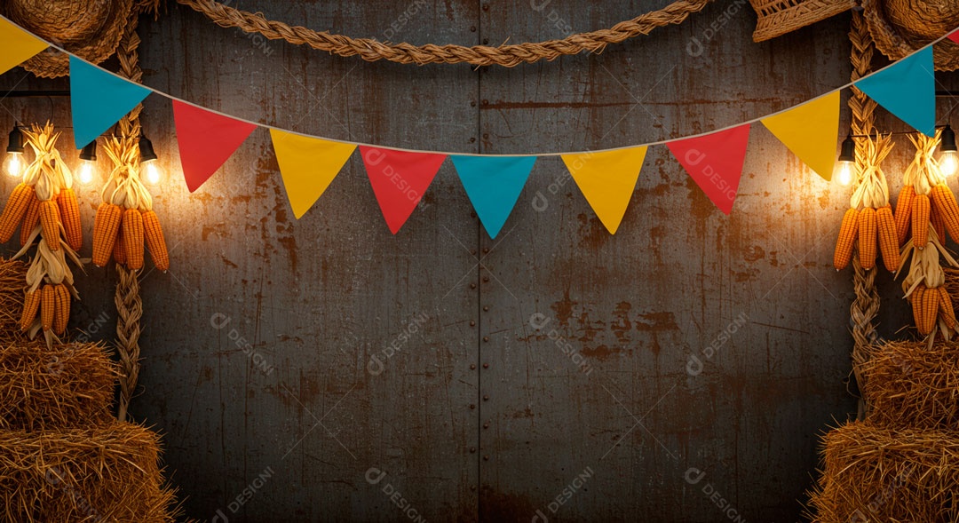 Cenário de São João bandeirinhas em uma parede de madeira