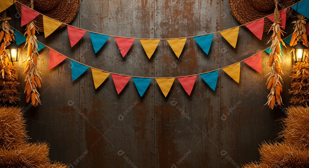 Cenário de São João bandeirinhas em uma parede de madeira