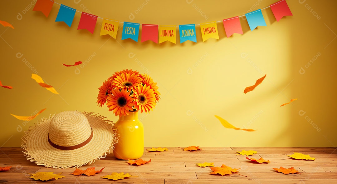 Cenário de São João Chapéu de palha em uma mesa de madeira