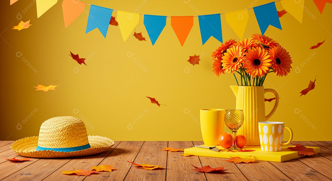 Cenário de São João Chapéu de palha em uma mesa de madeira