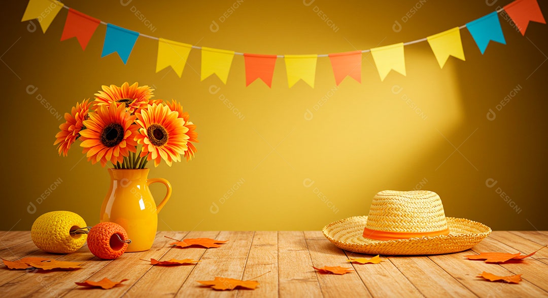 Cenário de São João Chapéu de palha em uma mesa de madeira