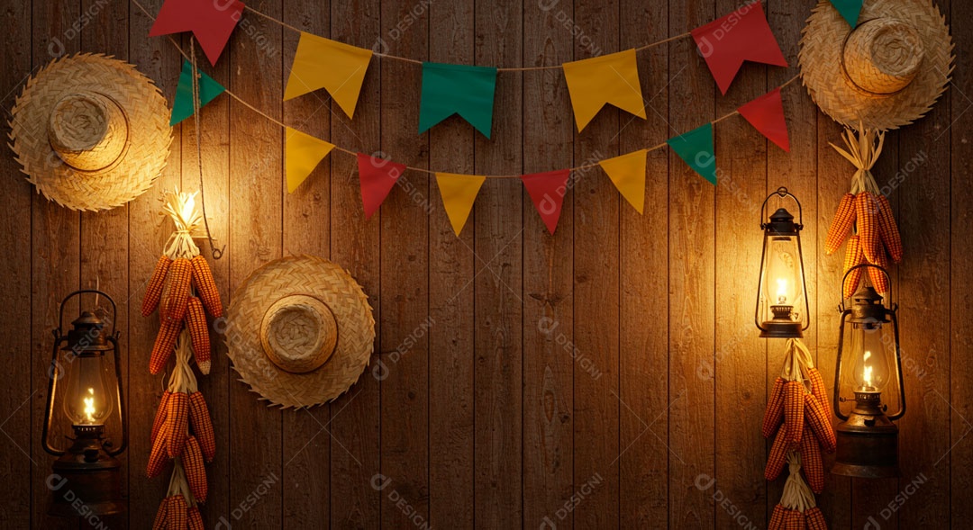 Cenário de São João bandeirinhas em uma parede de madeira