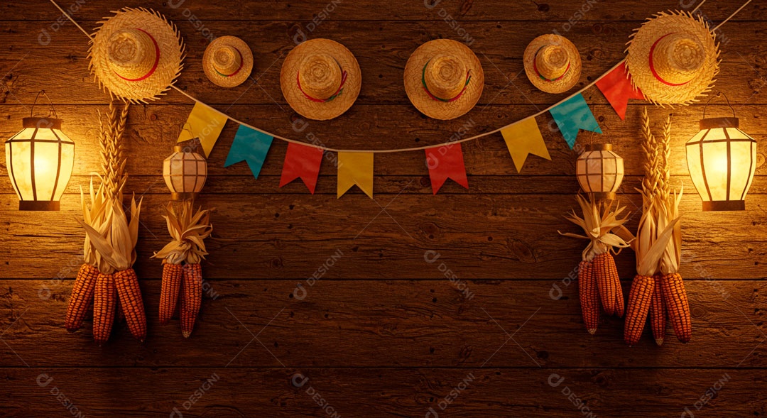 Cenário de São João bandeirinhas em uma parede de madeira