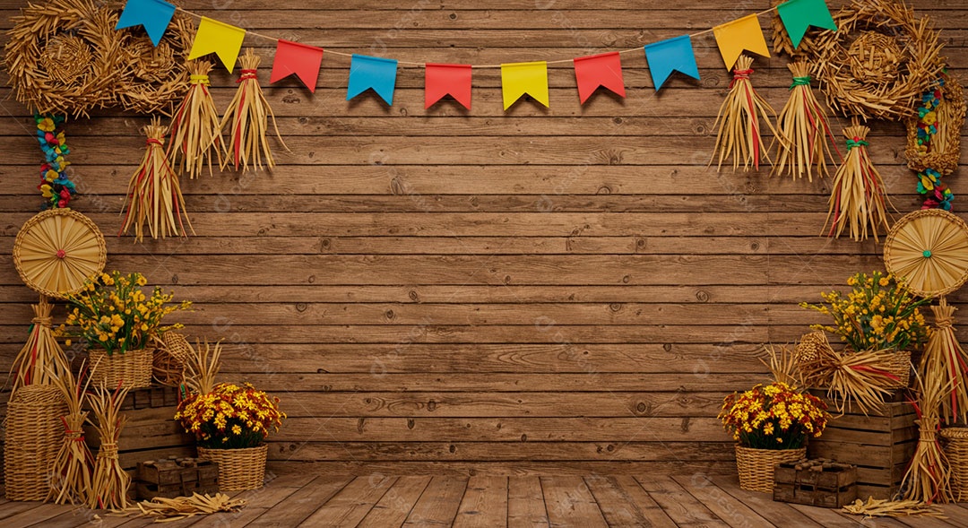 Cenário de São João bandeirinhas em uma parede de madeira