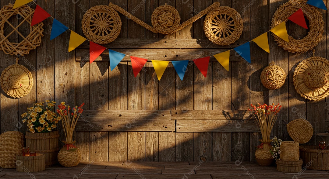 Cenário de São João bandeirinhas em uma parede de madeira