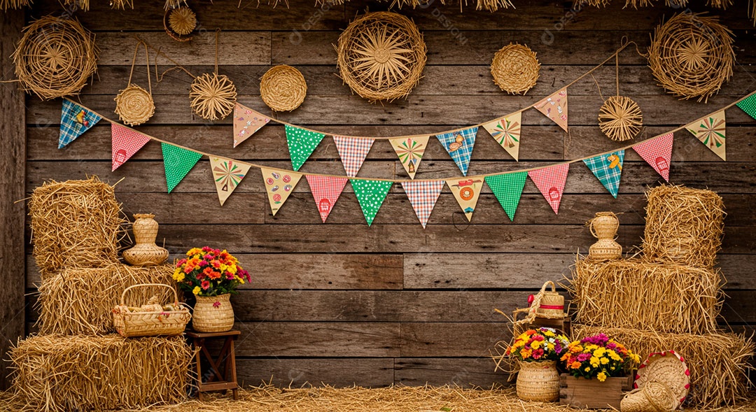 Cenário de São João bandeirinhas em uma parede de madeira