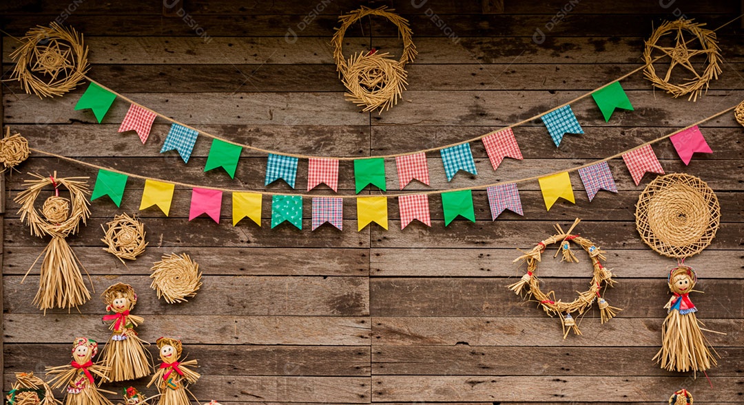 Cenário de São João bandeirinhas em uma parede