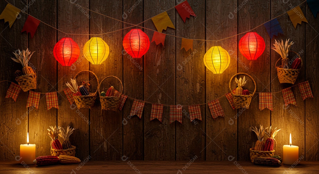 Cenário de São João bandeirinhas em uma parede