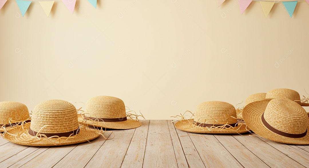 Cenário de São João Chapéus de palhas em uma mesa de madeira