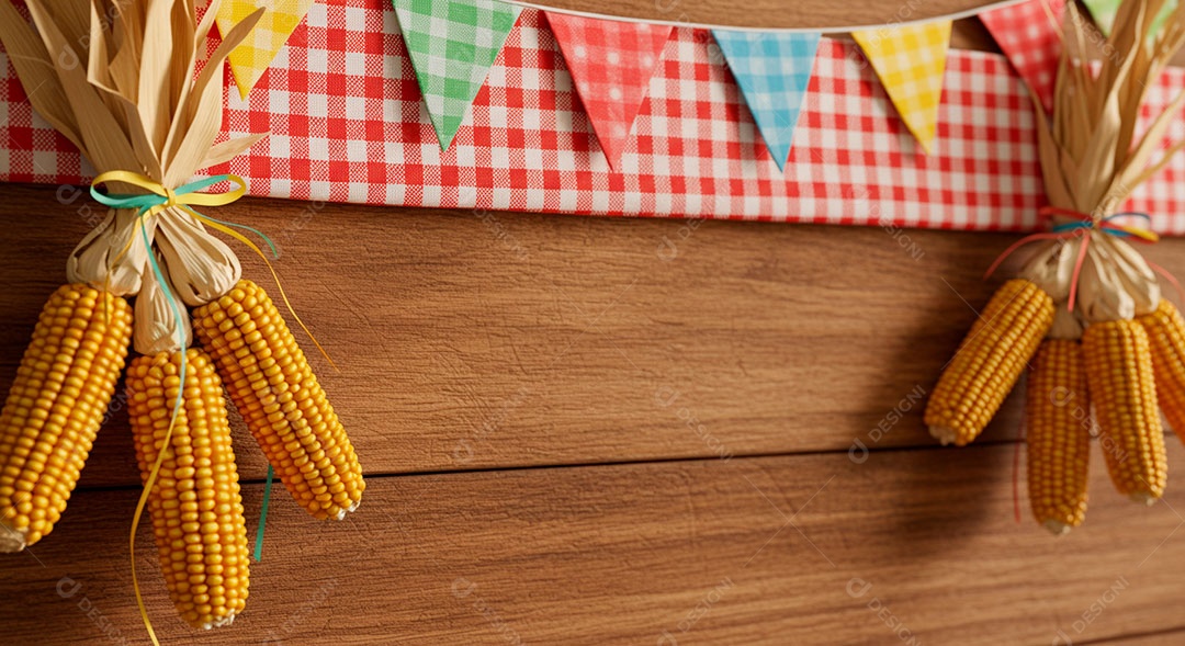 Cenário de São João bandeirinhas em uma parede de madeira