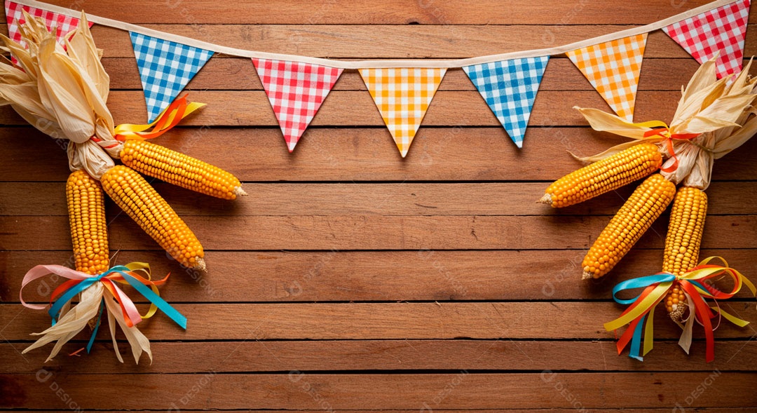 Cenário de São João bandeirinhas em uma parede de madeira