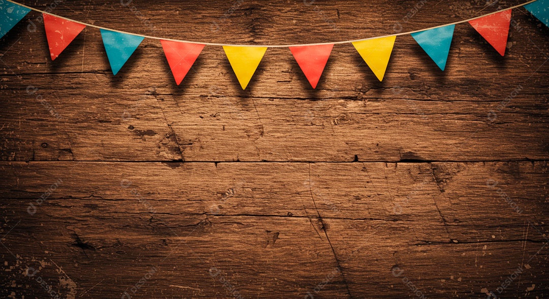 Cenário de São João bandeirinhas em uma parede de madeira