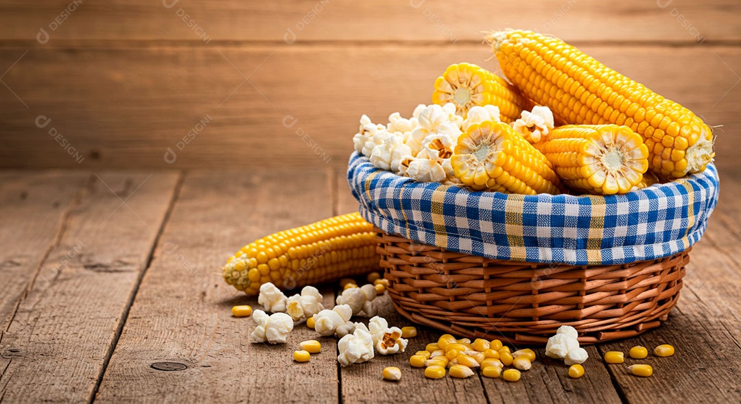 Pipocas ao lado de cesta com milhos em uma mesa de madeira