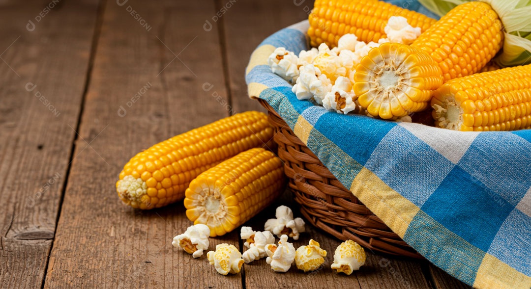 Pipocas ao lado de cesta com milhos em uma mesa de madeira