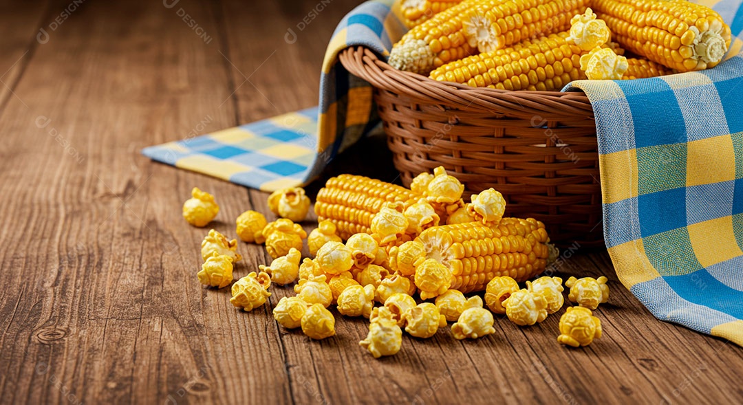 Pipocas ao lado de cesta com milhos em uma mesa de madeira