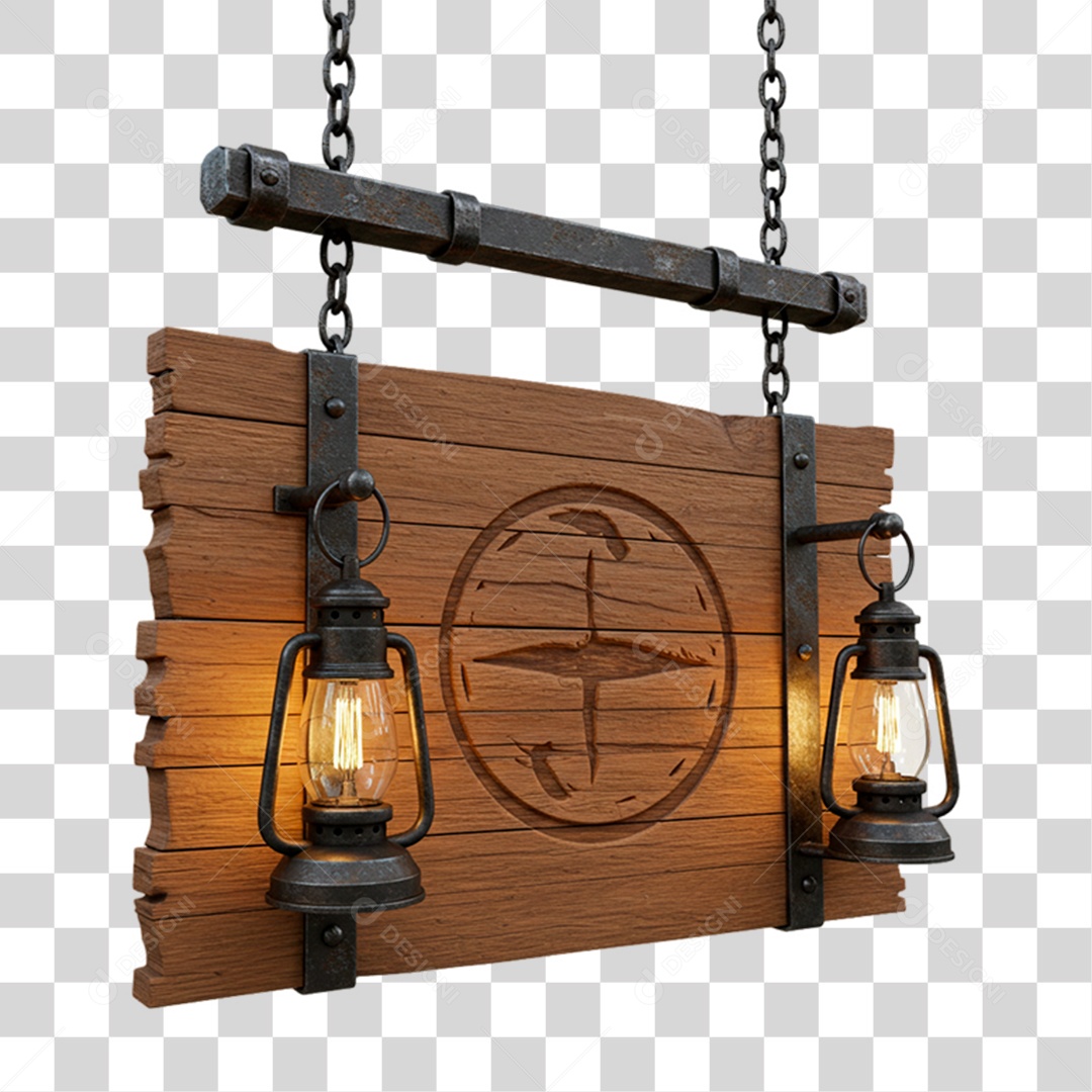 Placa de Madeira com Lampião PNG Transparente