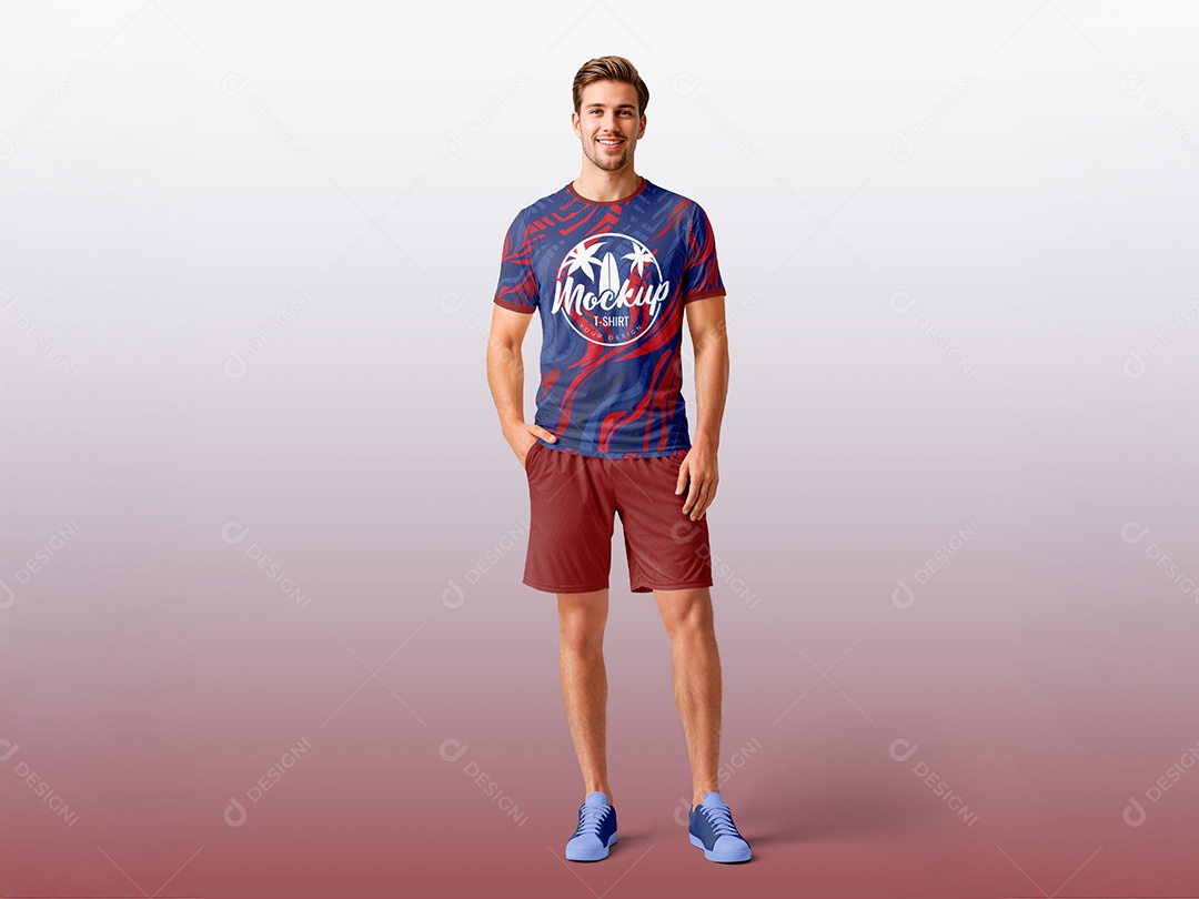 Homem Jovem com Camiseta e Shorts Mockup PSD Editável