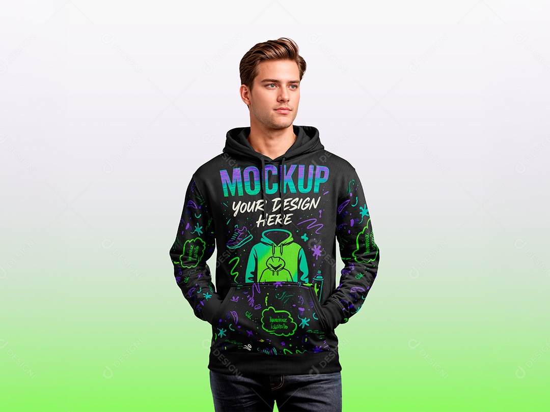 Homem Jovem com Moletom Mockup Roupa Loja Vestuário Vestir Moda PSD Editável