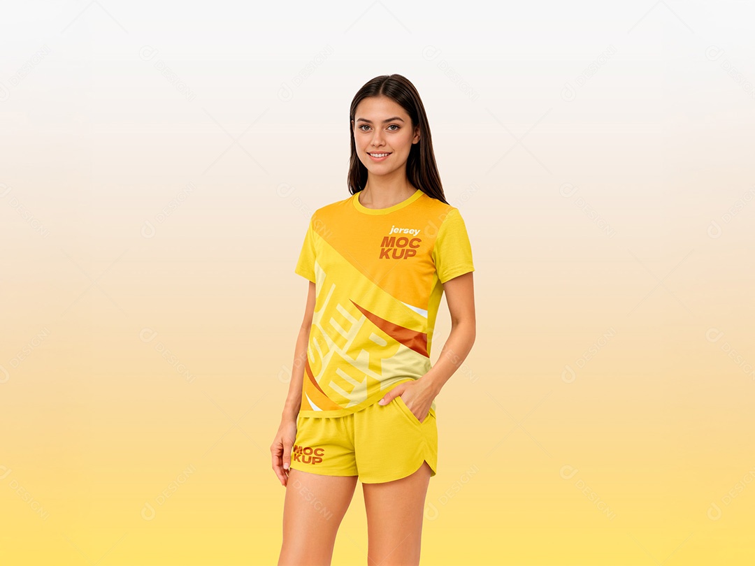 Mulher Jovem com Camiseta e Shorts Mockup PSD Editável