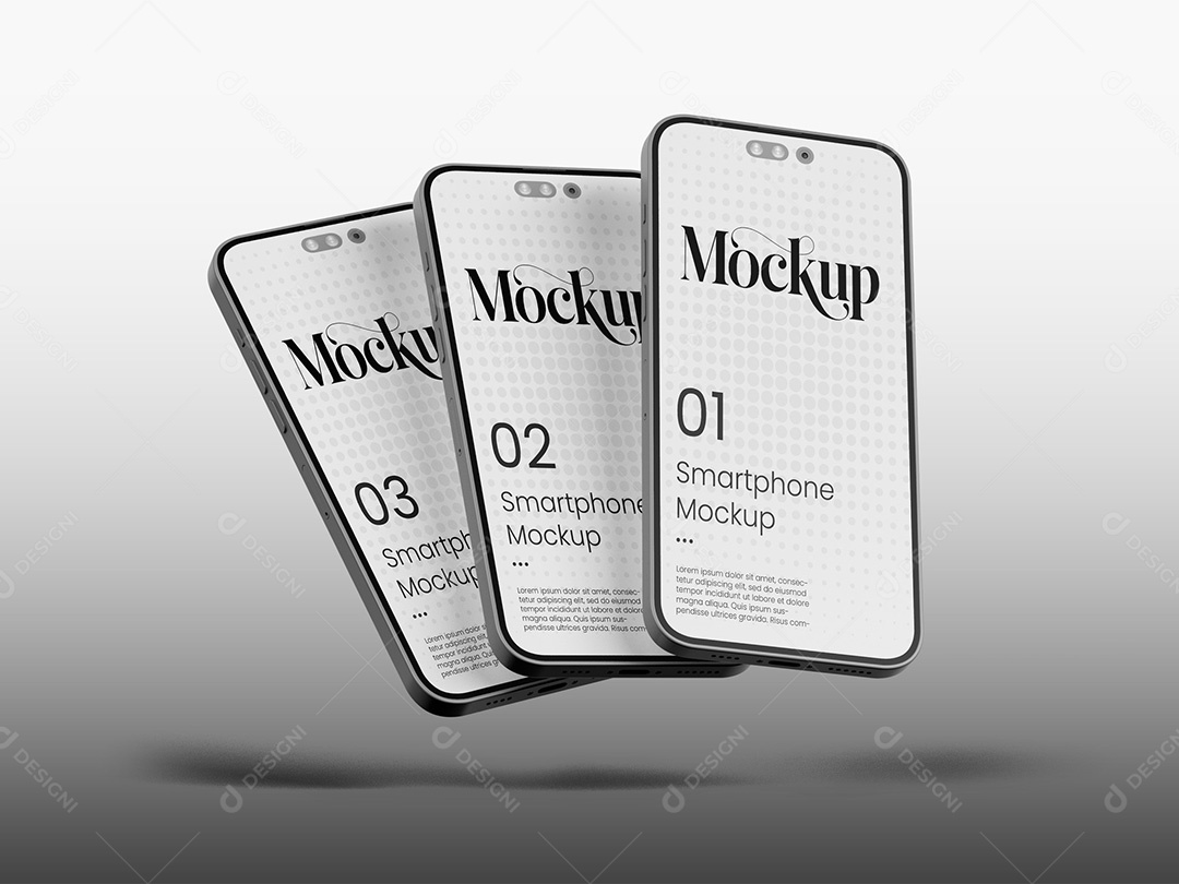 Três Celulares Flutuando Mockup PSD Editável