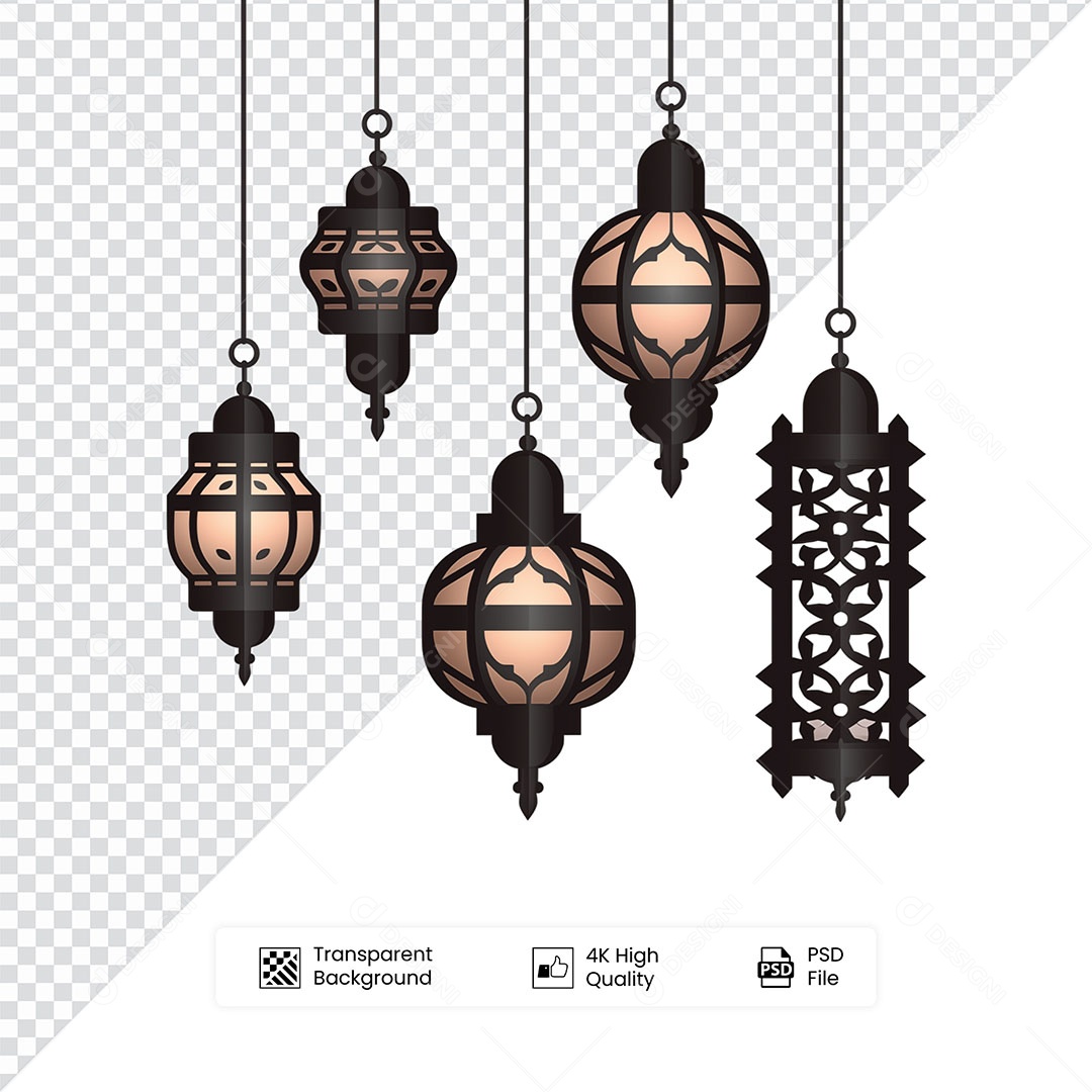 Elemento 3D 5 Lanternas de Ramadan para Composição PSD