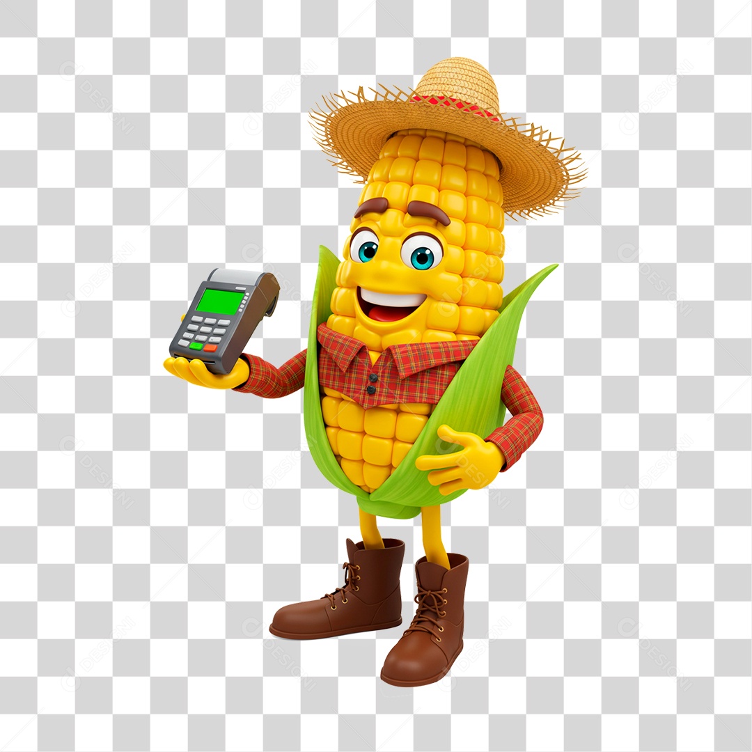 Mascote Milho Segurando Maquininha PNG Transparente