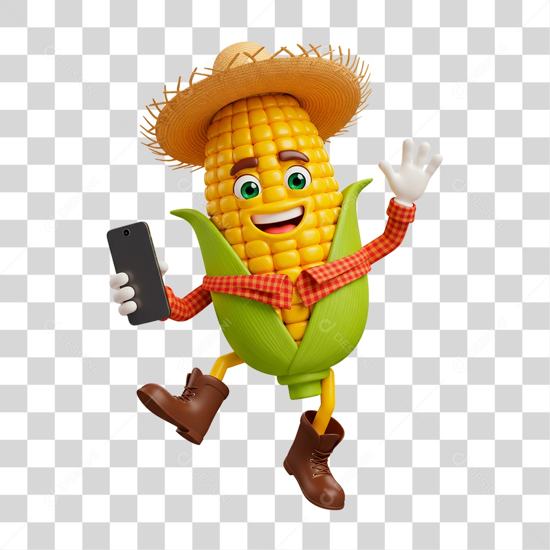 Mascote Milho Segurando Celular PNG Transparente