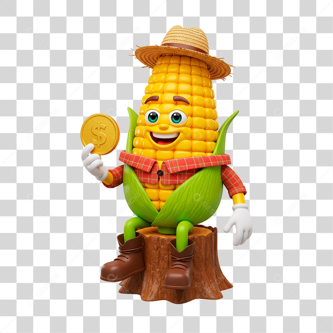Mascote Milho Segurando Moeda PNG Transparente