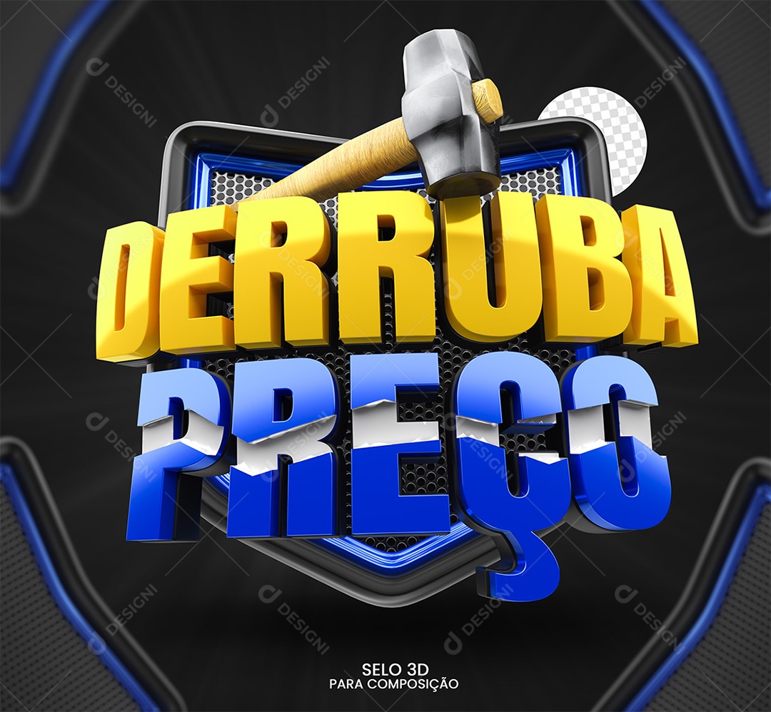 Derruba Preço Selo 3D Amarelo e Azul para Composição PSD
