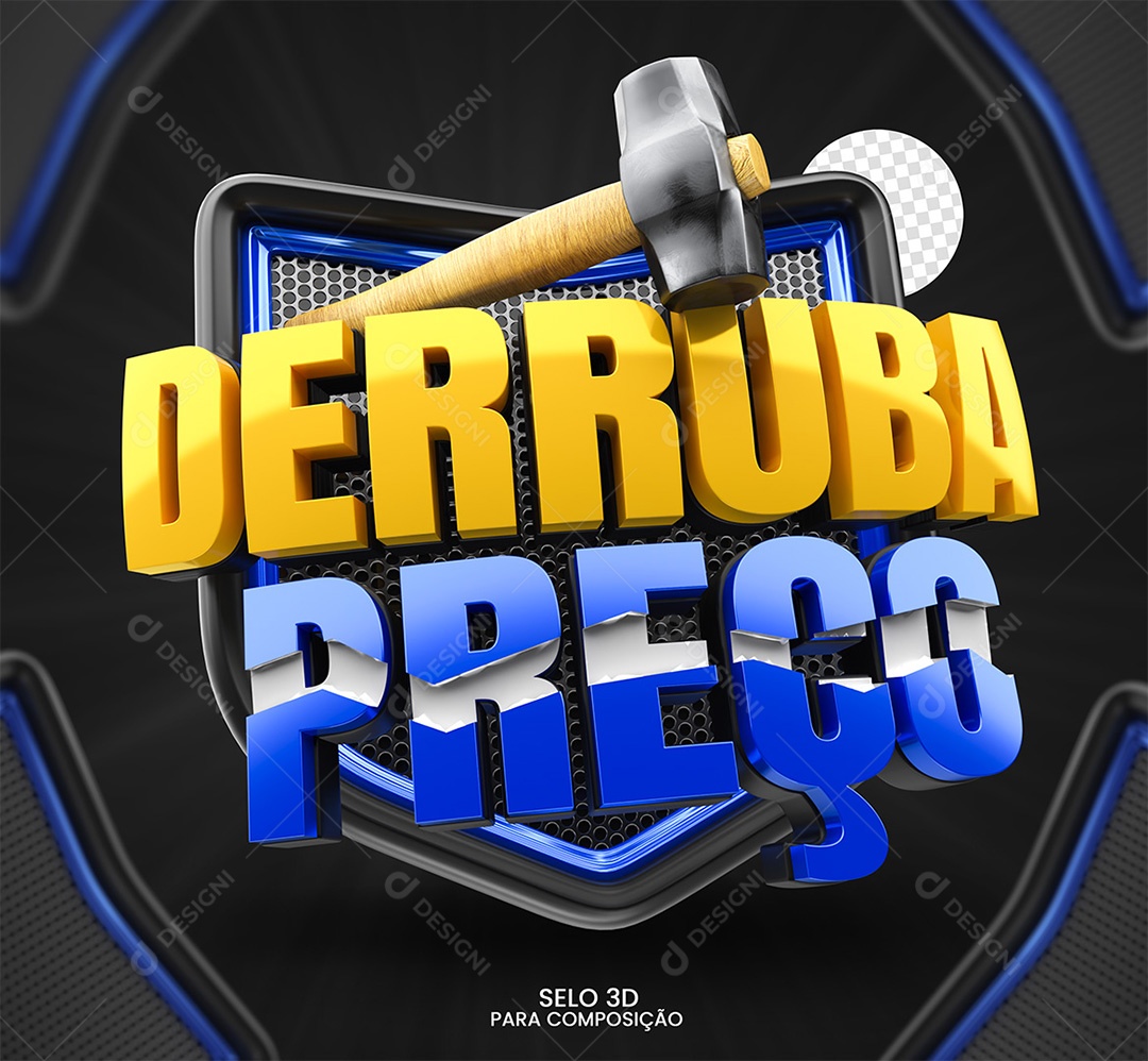 Derruba Preço Selo 3D Amarelo e Azul para Composição PSD