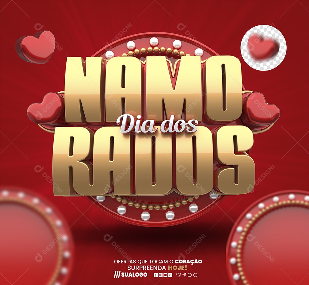 Dia dos Namorados Selo 3D Dourado e Branco para Composição PSD