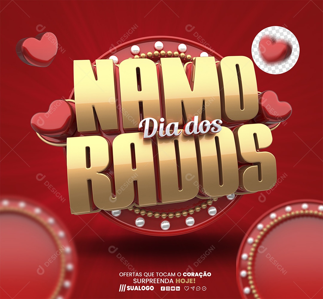 Dia dos Namorados Selo 3D Dourado e Branco para Composição PSD