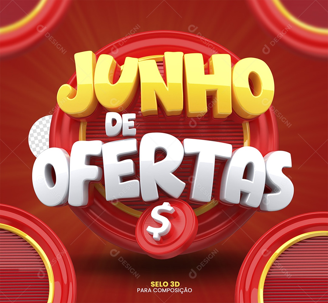 Junho de Ofertas Selo 3D Amarelo Branco e Vermelho para Composição PSD