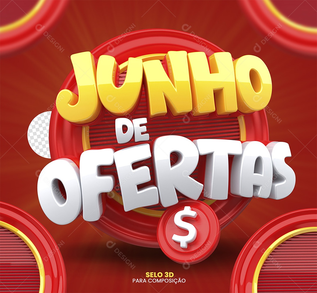 Junho de Ofertas Selo 3D Amarelo Branco e Vermelho para Composição PSD
