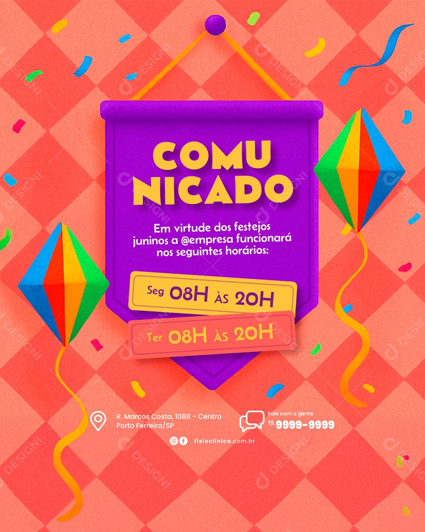 Avisos Comunicado Em Virtude dos Festejos Juninos Social Media PSD Editável