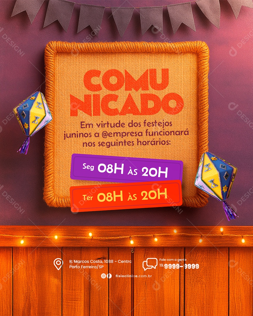 Avisos Comunicado Funcionará nos Seguintes Horários Social Media PSD Editável