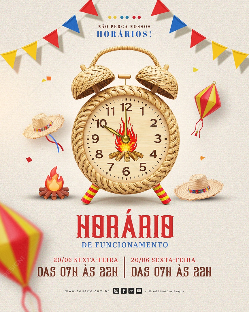 Horários de Funcionamentos de São João Social Media Feed PSD Editável