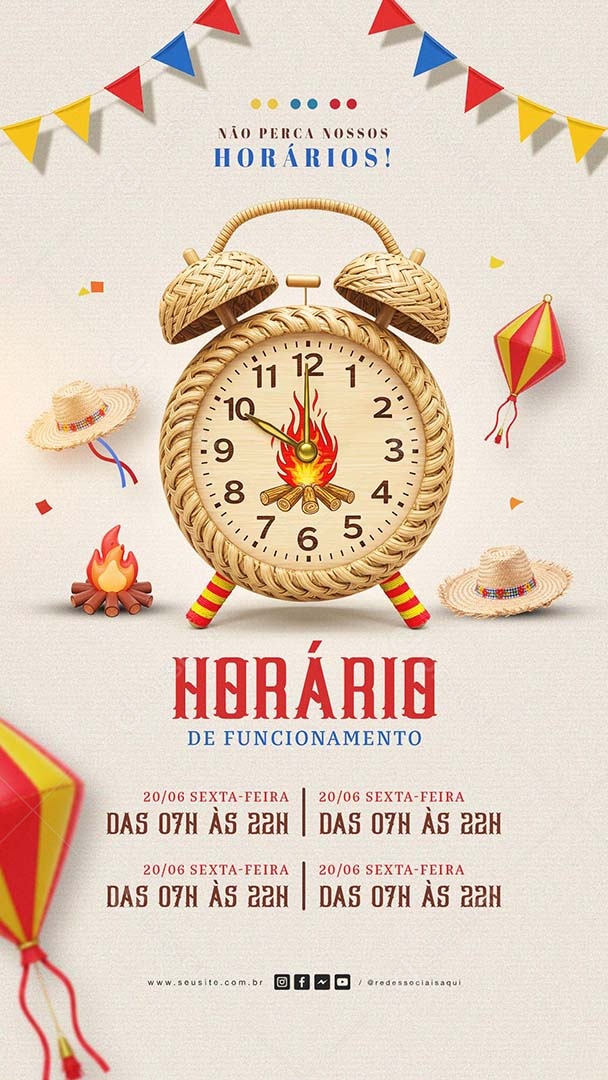 Horários de Funcionamentos de São João Social Media Story PSD Editável